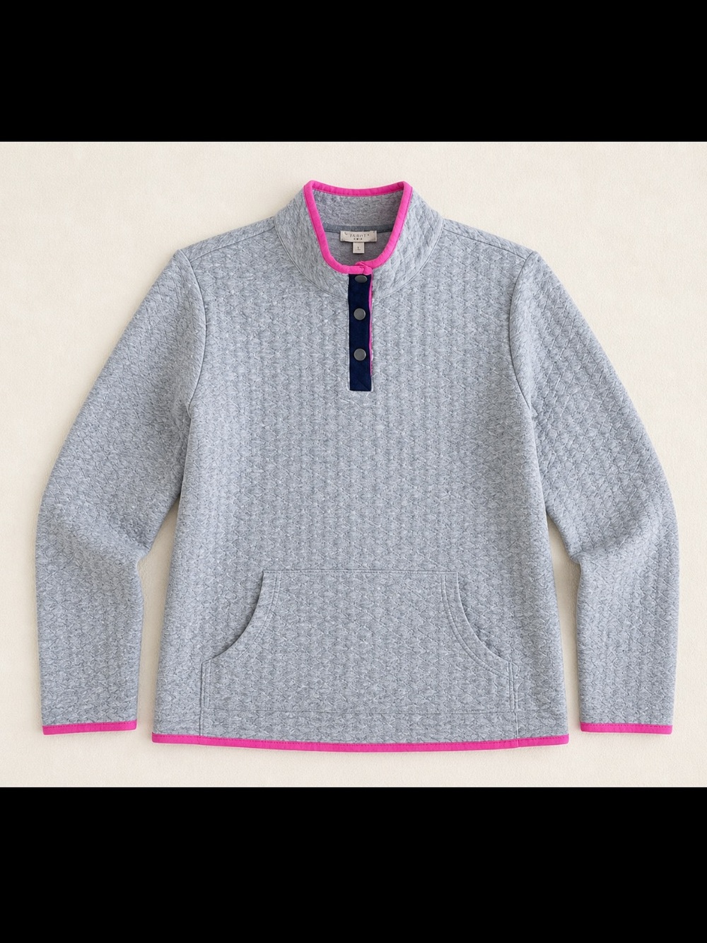 Talbots Quilted Pullover Sweatshirt Gray Pink Trim 1/4 Snap High Neck Preppy